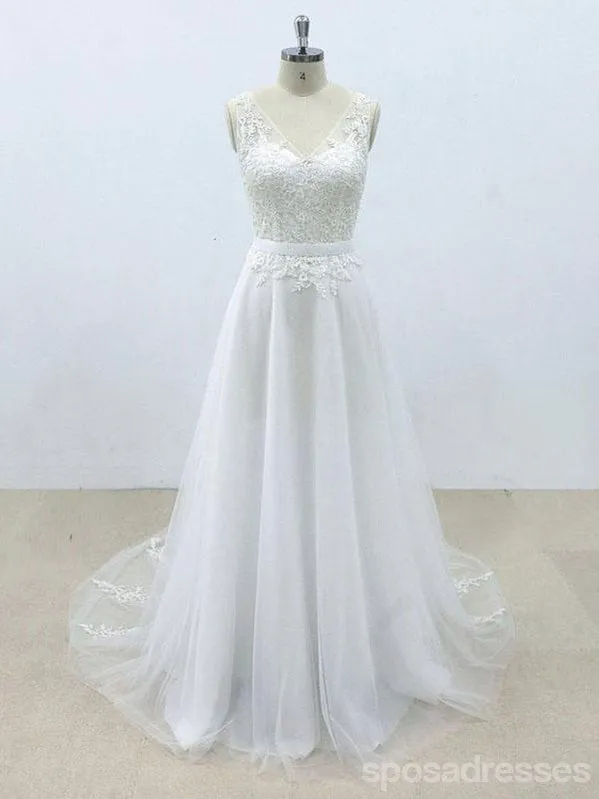 Simple V Neck Tulle Skirt Lace A-line Wedding Dresses Online, WD394