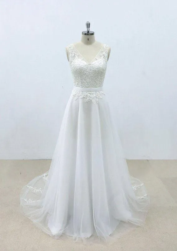 Simple V Neck Tulle Skirt Lace A-line Wedding Dresses Online, WD394