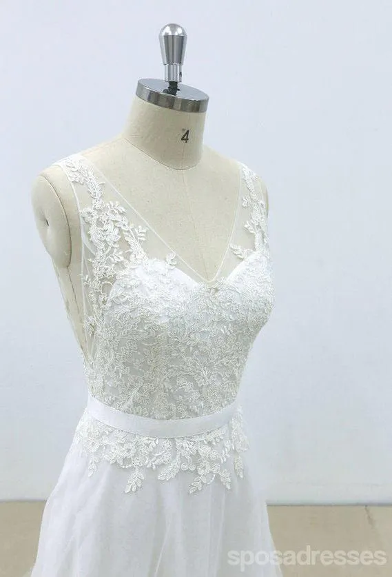Simple V Neck Tulle Skirt Lace A-line Wedding Dresses Online, WD394