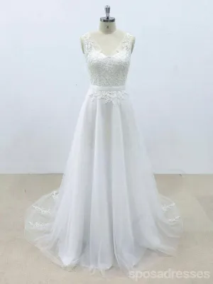 Simple V Neck Tulle Skirt Lace A-line Wedding Dresses Online, WD394