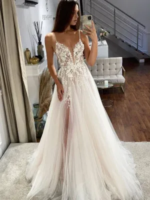 Simple V Neck Tulle Skirt Lace A-line Wedding Dresses Online, WDY0263