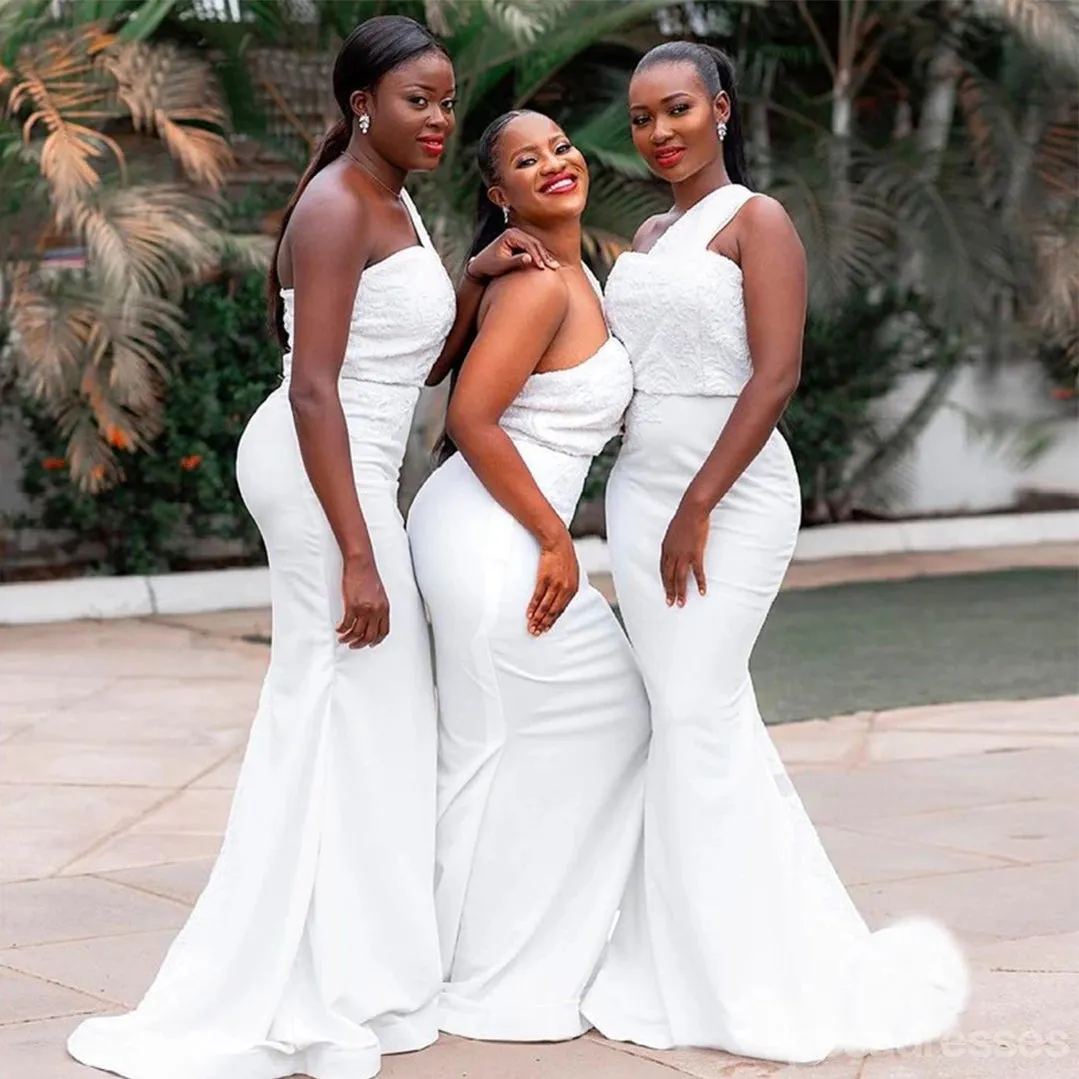 Simple White Mermaid One Shoulder Long Lace Bridesmaid Dresses,WG1235