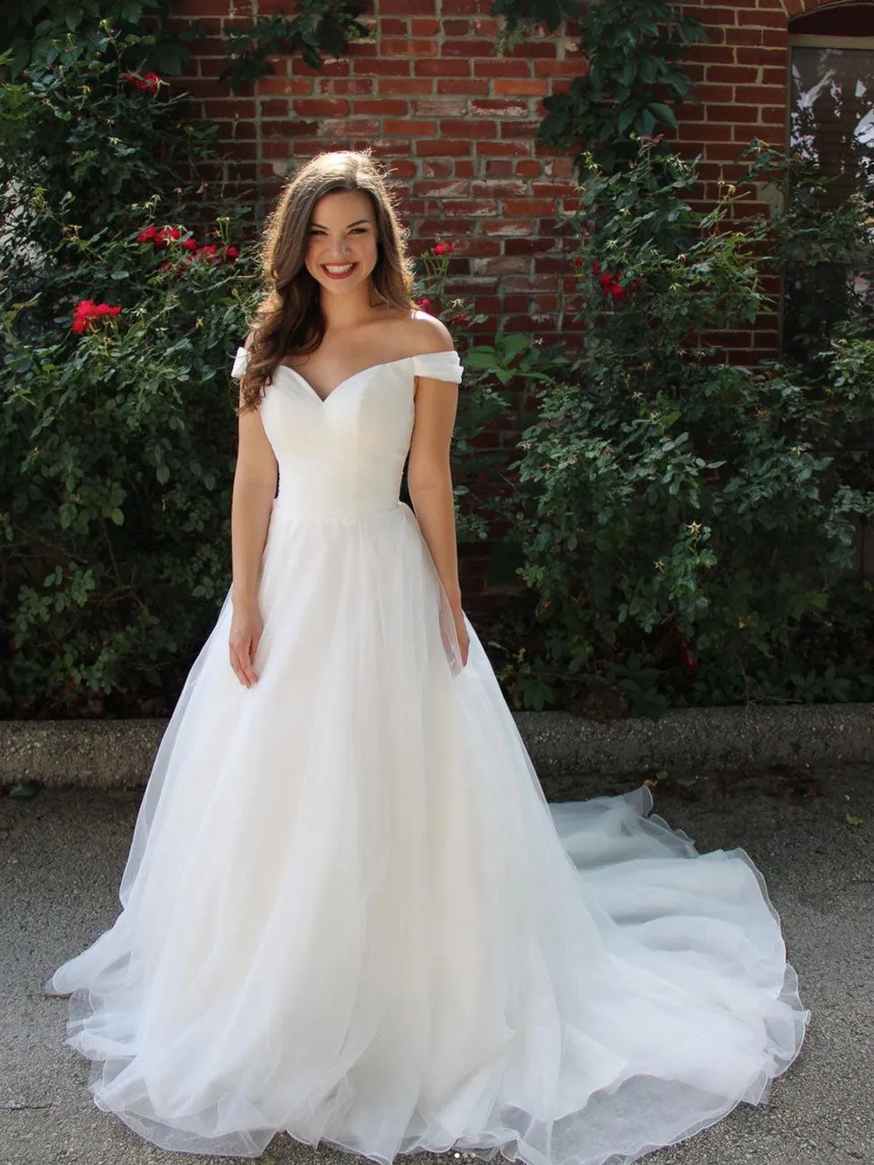 Simple white off shoulder long prom dress, white tulle formal dress