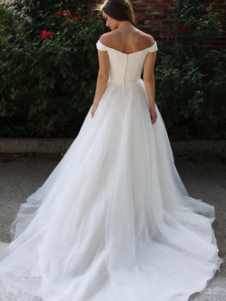 Simple white off shoulder long prom dress, white tulle formal dress