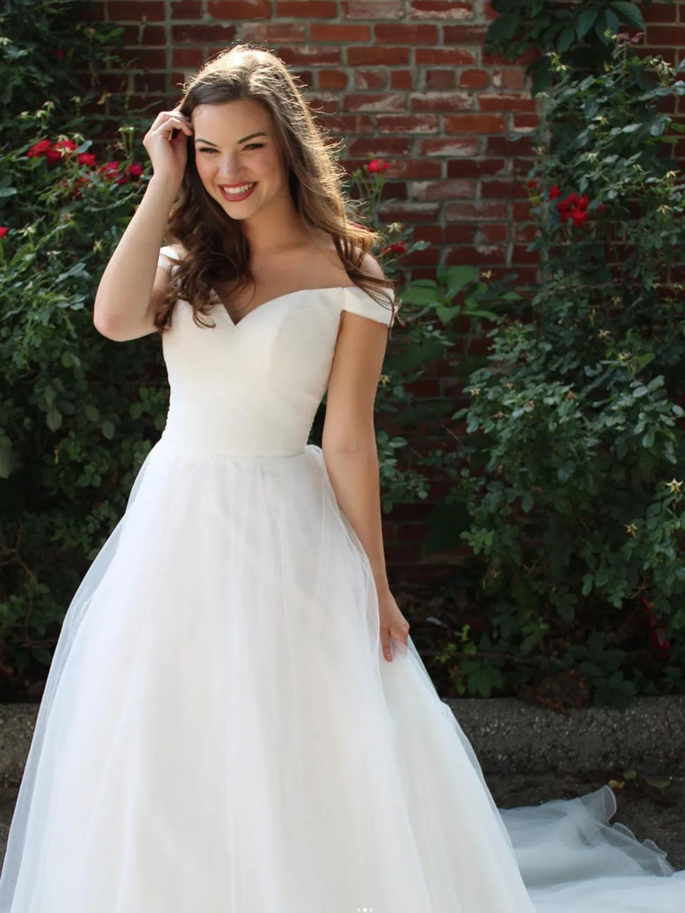 Simple white off shoulder long prom dress, white tulle formal dress