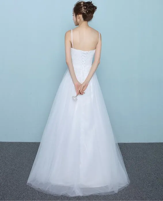 Simple White Tulle and Lace Straps Long Bridal Gown, Simple Wedding Dress, Beautiful Prom Gown