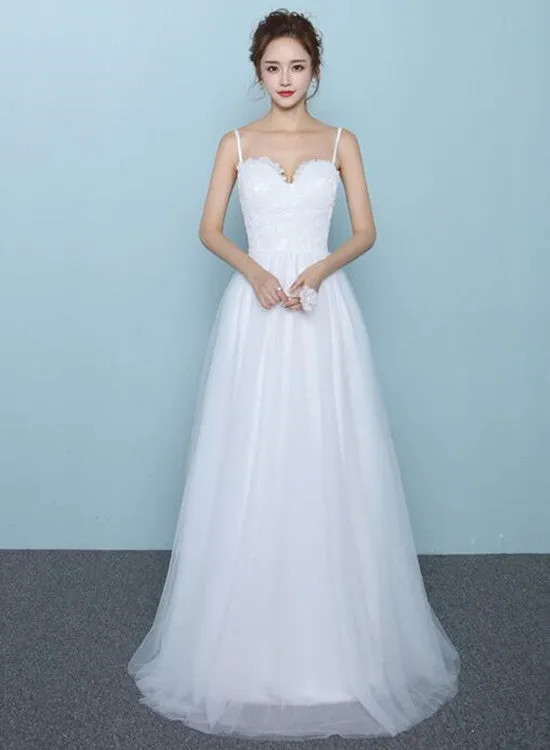 Simple White Tulle and Lace Straps Long Bridal Gown, Simple Wedding Dress, Beautiful Prom Gown