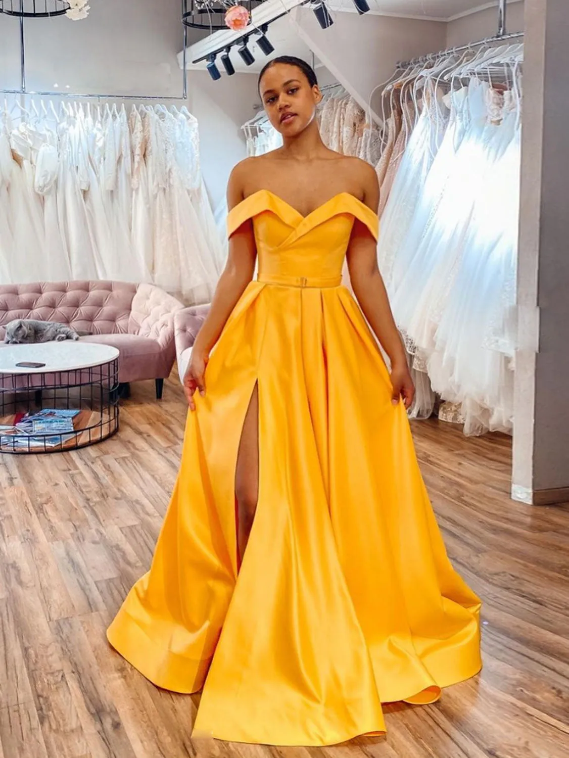 Simple Yellow off shoulder satin long prom dress yellow formal dress
