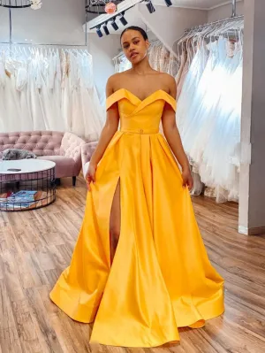 Simple Yellow off shoulder satin long prom dress yellow formal dress