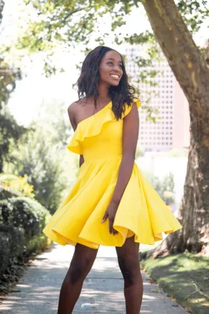 Simple Yellow Short Prom Dresses, One Shoulder Homecoming Dress OKP33