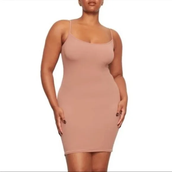 Skims ribbed soft lounge slip style mini dress in Mauve nude pink Large
