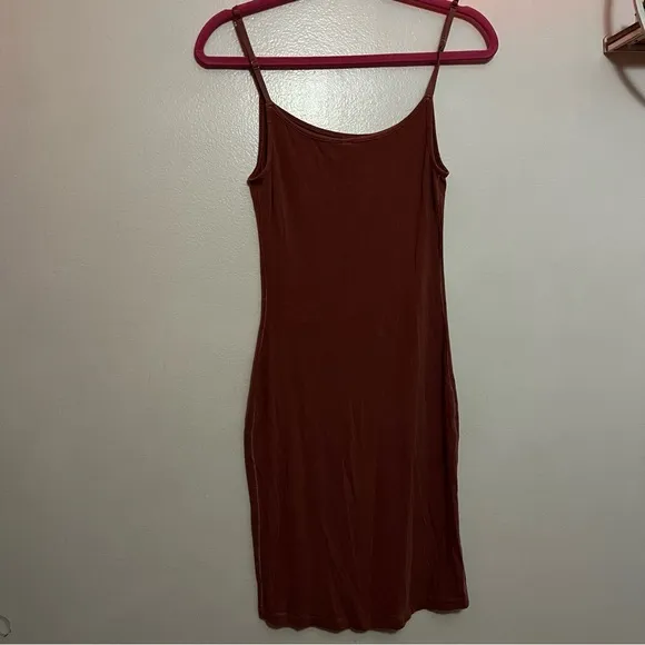Skims ribbed soft lounge slip style mini dress in Mauve nude pink Large
