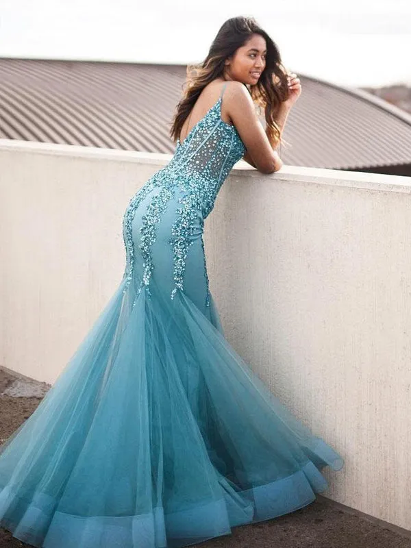 Spaghetti Strap V Neck Applique Mermaid Tulle Long Evening Prom Dresses, PD0033