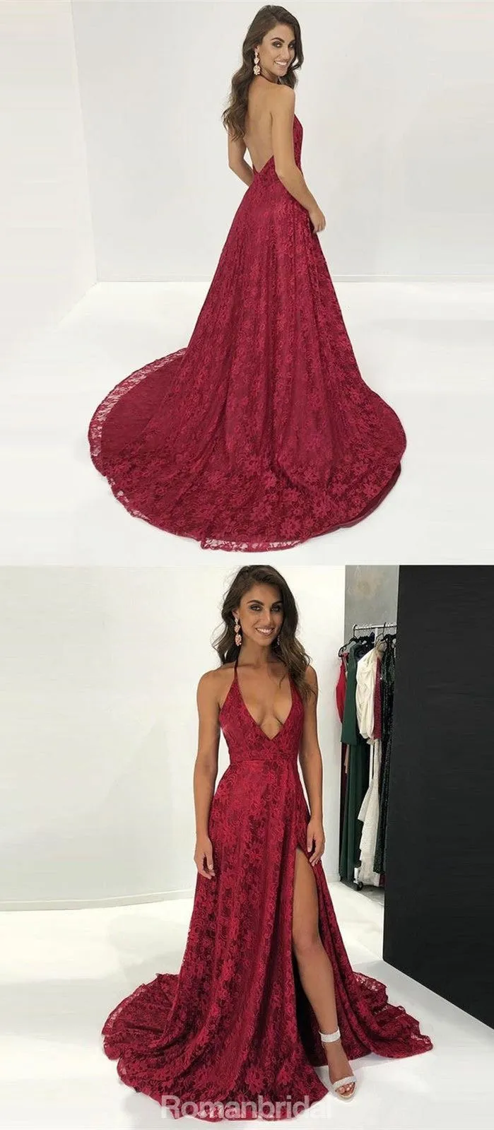 Spaghetti Straps Deep V-neck Sexy High Split Prom Dresses With Train, PD0571