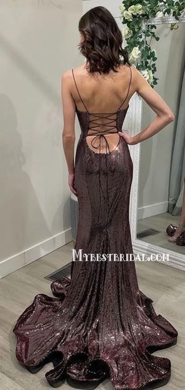 Spaghetti Straps Mermaid Side Slit Simple Prom Dresses PDS0302