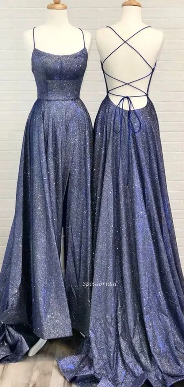 Spaghetti Straps Navy Blue Shinning Long Prom Dresses PD2284