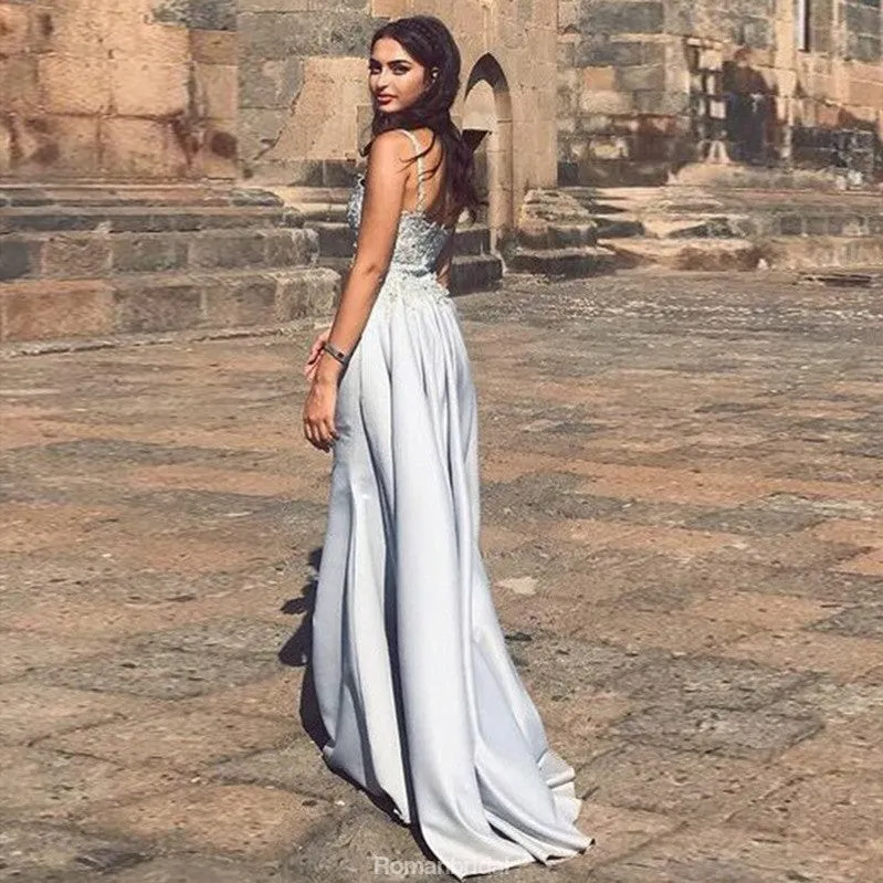 Spaghetti Straps Sweep Train Detachable Prom Dresses with Appliques, PD0649