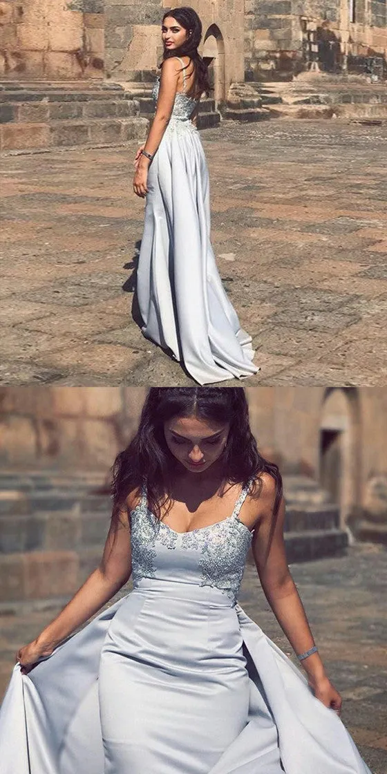Spaghetti Straps Sweep Train Detachable Prom Dresses with Appliques, PD0649