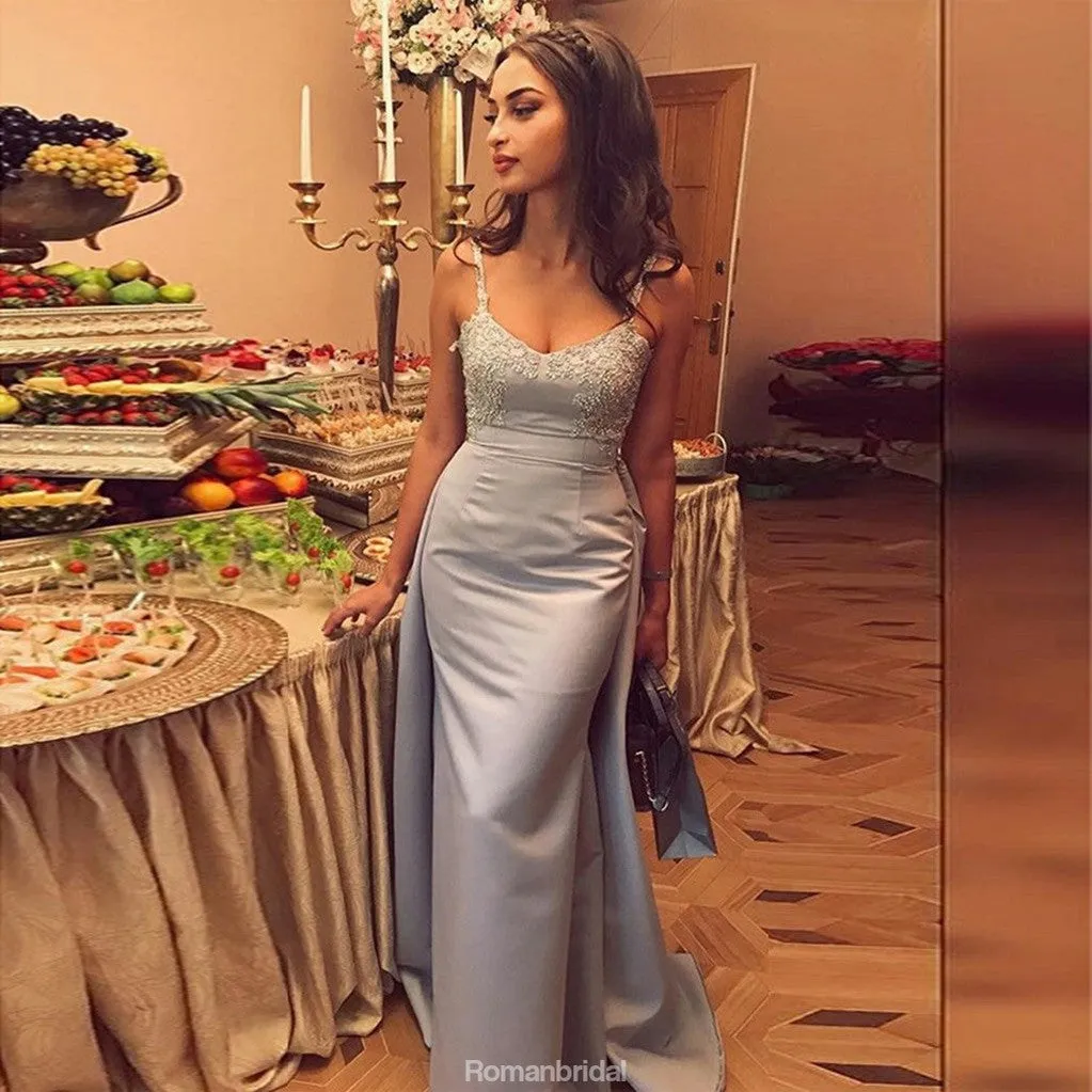 Spaghetti Straps Sweep Train Detachable Prom Dresses with Appliques, PD0649