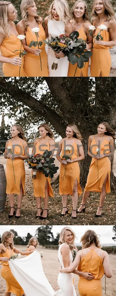 Spaghetti Straps Yellow Chiffon Simple Cheap Short Bridesmaid Dresses WG732