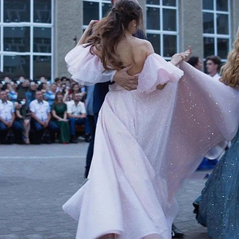 Sparkly Blush Pink Strapless Sexy Off-shoulder Side-slit Long A-line Prom Dress, PD3331