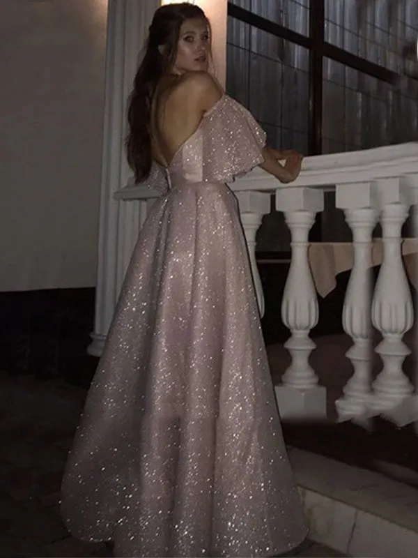 Sparkly Blush Pink Strapless Sexy Off-shoulder Side-slit Long A-line Prom Dress, PD3331