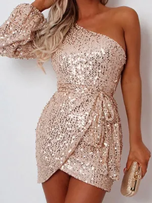Sparkly One Shoulder Sequins Short Homecoming Dress, WGP202