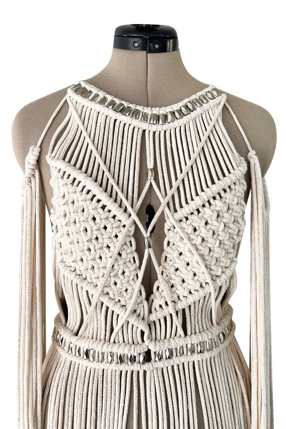 Spectacular Vintage Unlabeled Hand Made Rope & Silver Metal Bead Macrame Overpiece Dress