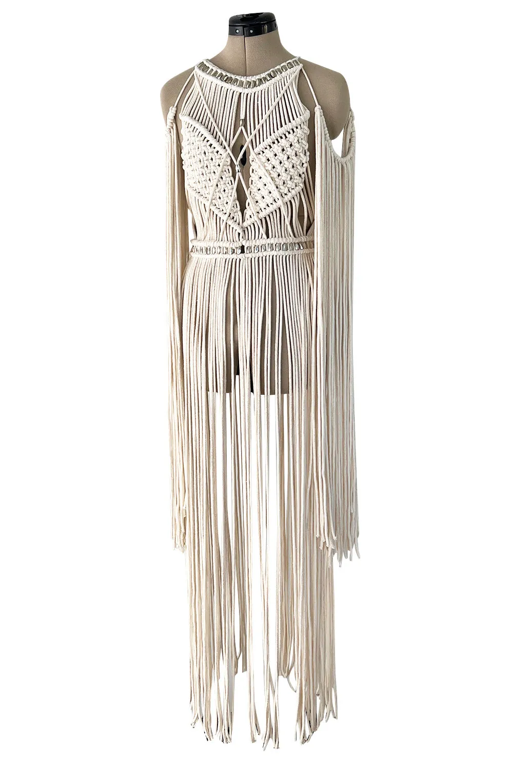 Spectacular Vintage Unlabeled Hand Made Rope & Silver Metal Bead Macrame Overpiece Dress