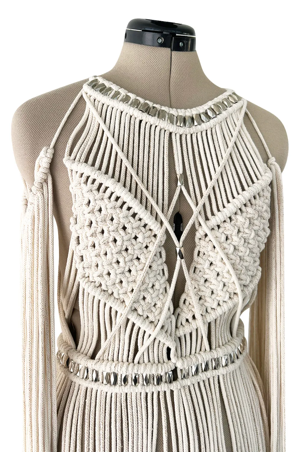 Spectacular Vintage Unlabeled Hand Made Rope & Silver Metal Bead Macrame Overpiece Dress