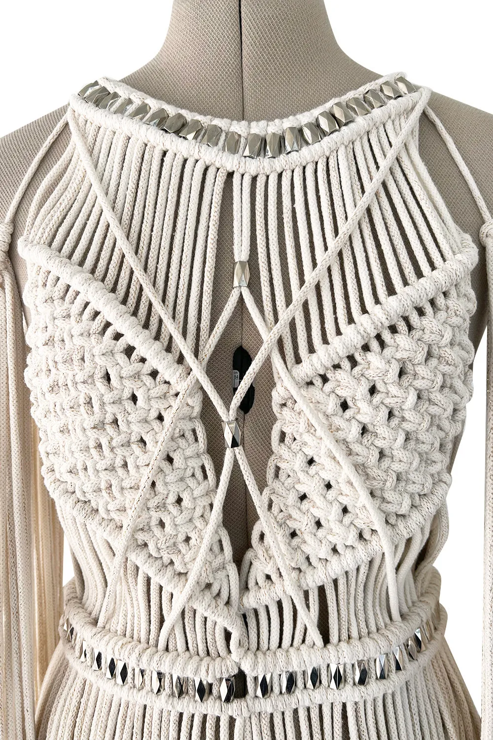 Spectacular Vintage Unlabeled Hand Made Rope & Silver Metal Bead Macrame Overpiece Dress