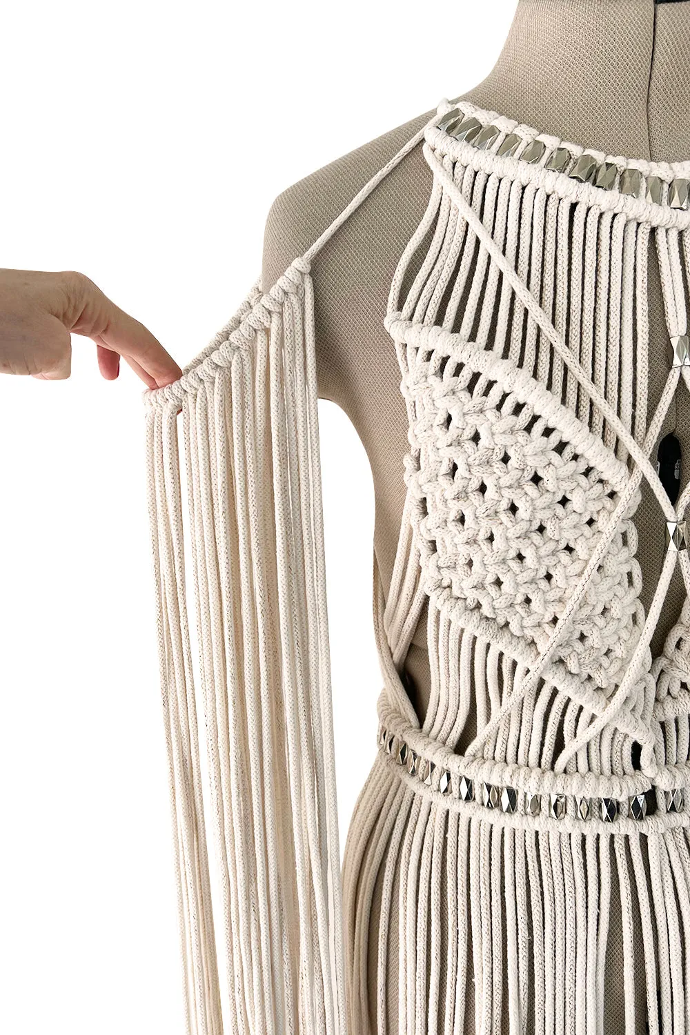 Spectacular Vintage Unlabeled Hand Made Rope & Silver Metal Bead Macrame Overpiece Dress