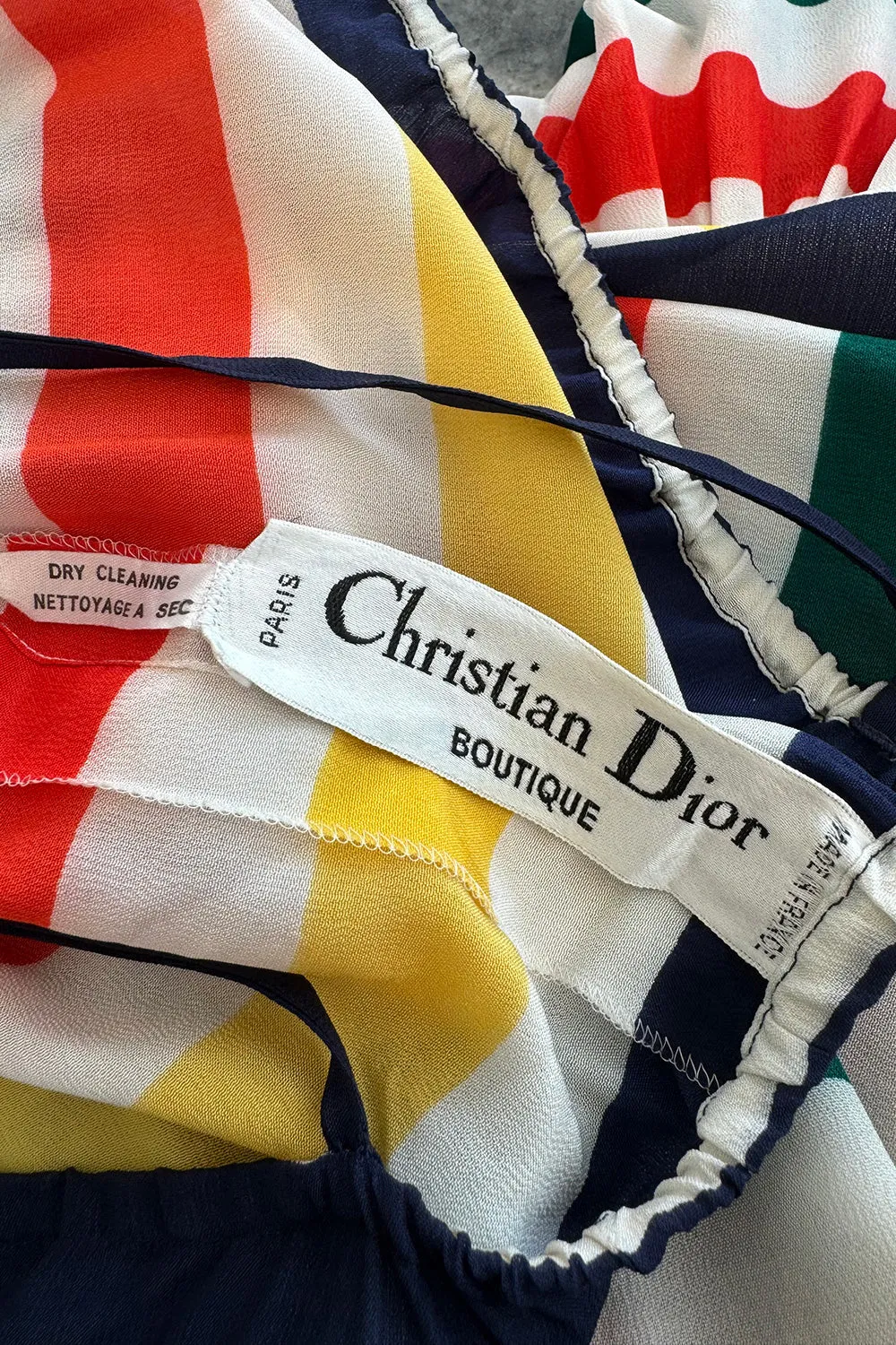 Spring 1977 Christian Dior by Marc Bohan Runway Documented White Silk & Multi Coloured Stripe Dress