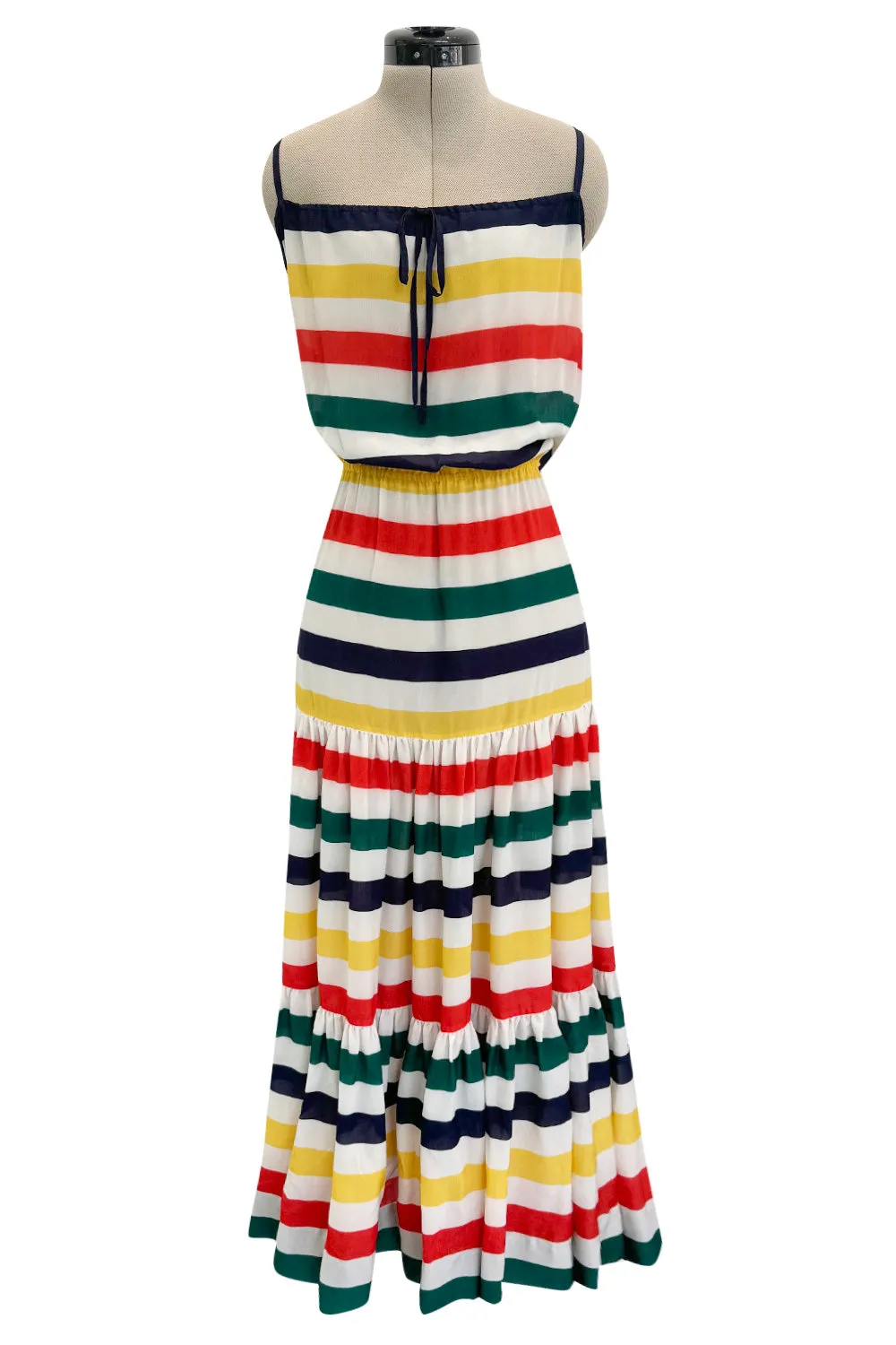 Spring 1977 Christian Dior by Marc Bohan Runway Documented White Silk & Multi Coloured Stripe Dress