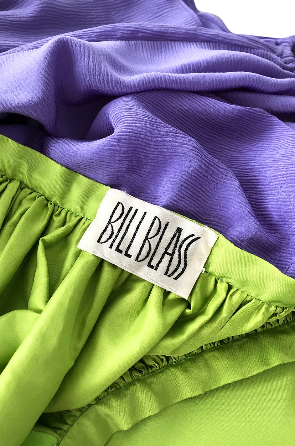 Spring 1978 Bill Blass Crisp Bright Green Silk Taffeta Skirt & Purple Silk Top Dress Set