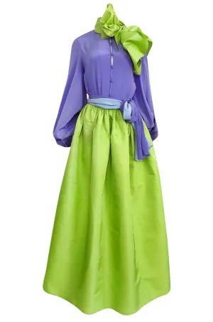 Spring 1978 Bill Blass Crisp Bright Green Silk Taffeta Skirt & Purple Silk Top Dress Set