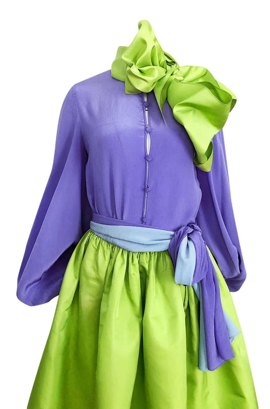 Spring 1978 Bill Blass Crisp Bright Green Silk Taffeta Skirt & Purple Silk Top Dress Set