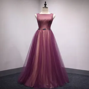 Spring Open Back Long Tulle A-Line Formal Prom Dress  With Belt,Evening Dresses,PDY0189