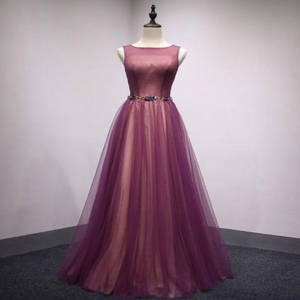 Spring Open Back Long Tulle A-Line Formal Prom Dress  With Belt,Evening Dresses,PDY0189