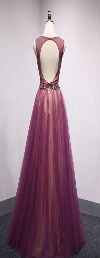 Spring Open Back Long Tulle A-Line Formal Prom Dress  With Belt,Evening Dresses,PDY0189
