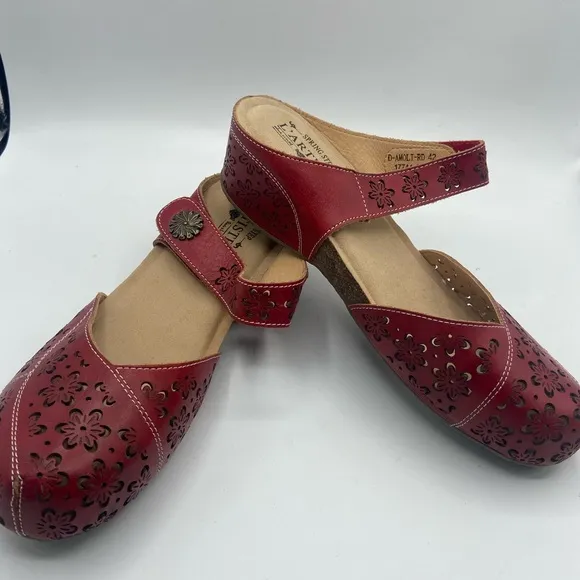 Spring Step Red Mules with Perforated Leather Design