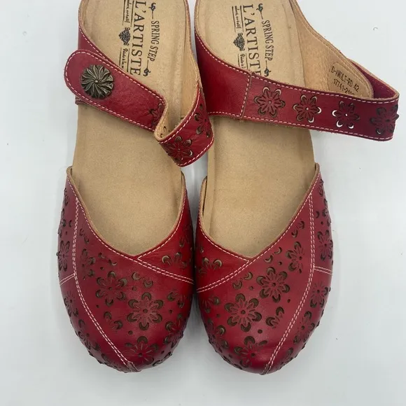 Spring Step Red Mules with Perforated Leather Design