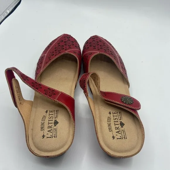 Spring Step Red Mules with Perforated Leather Design
