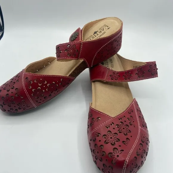 Spring Step Red Mules with Perforated Leather Design