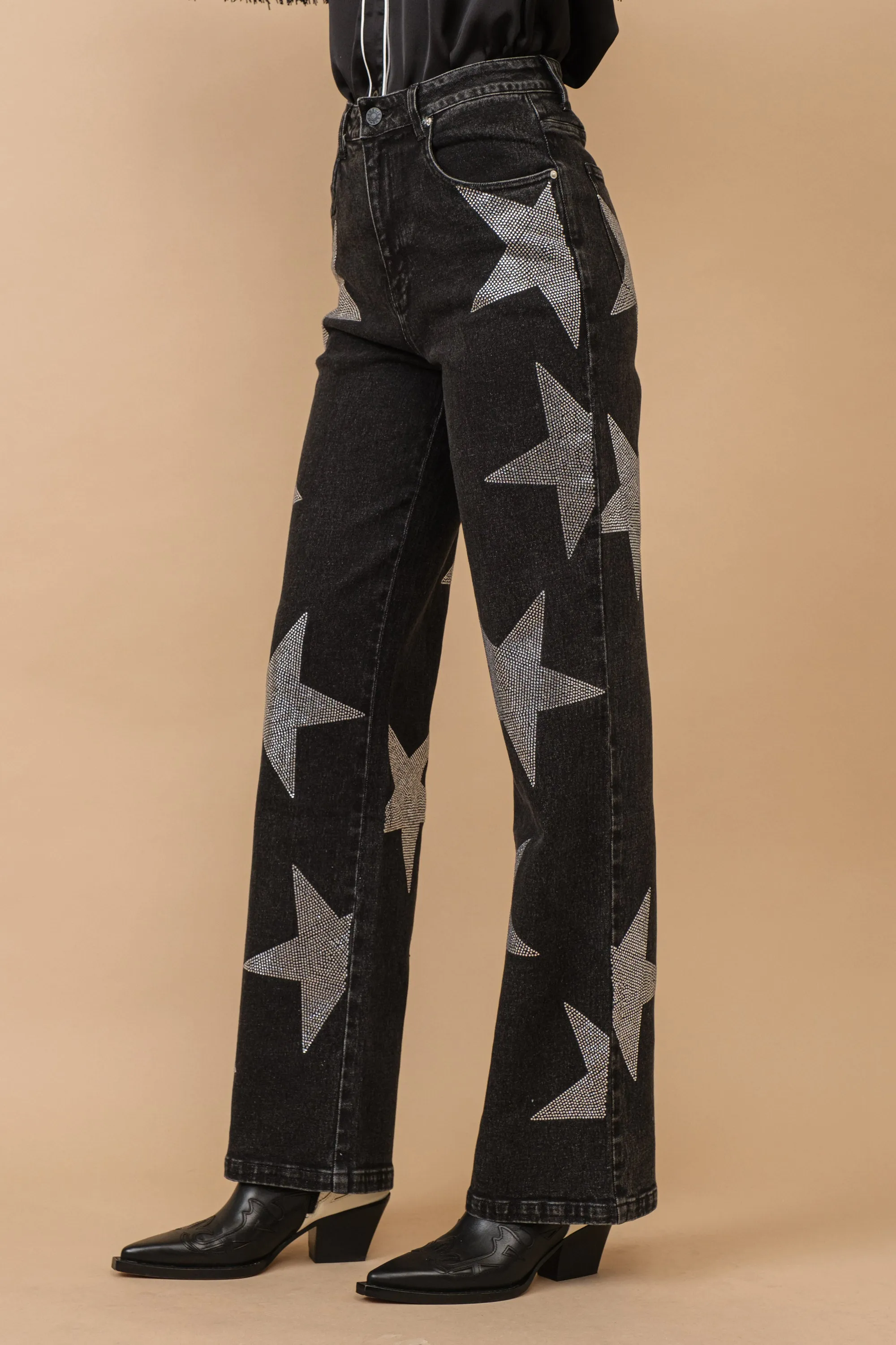 Star Print Stretch Denim Flare Mid Rise Jeans