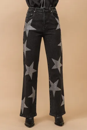 Star Print Stretch Denim Flare Mid Rise Jeans