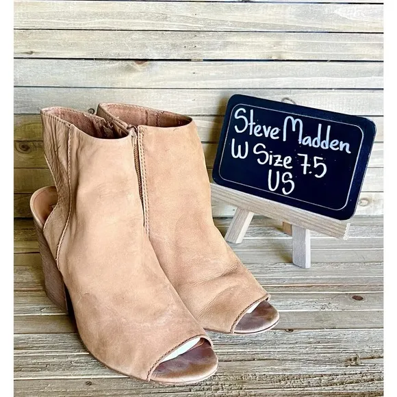 Steve Madden Camel Tan Suede‎ Tulisa Peep Toe Mules Boots Heels Size 7.5 M GUC