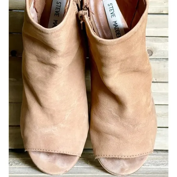 Steve Madden Camel Tan Suede‎ Tulisa Peep Toe Mules Boots Heels Size 7.5 M GUC
