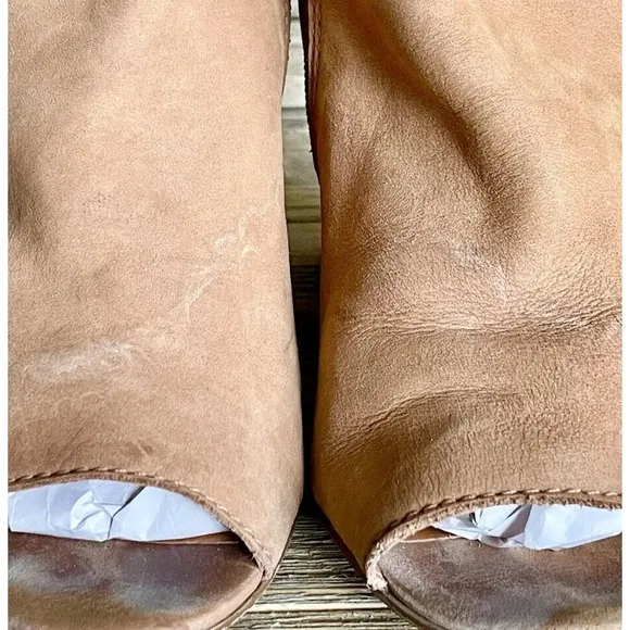 Steve Madden Camel Tan Suede‎ Tulisa Peep Toe Mules Boots Heels Size 7.5 M GUC