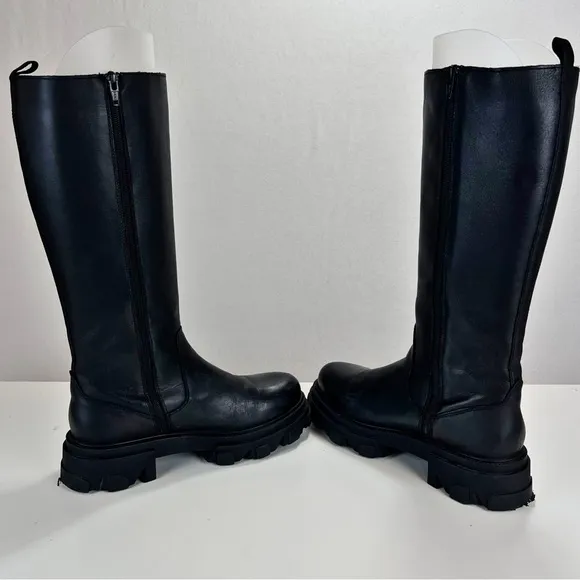 Steve Madden Esma Knee High Boots Sz 10 Black Leather Biker Grunge Retro Chunky